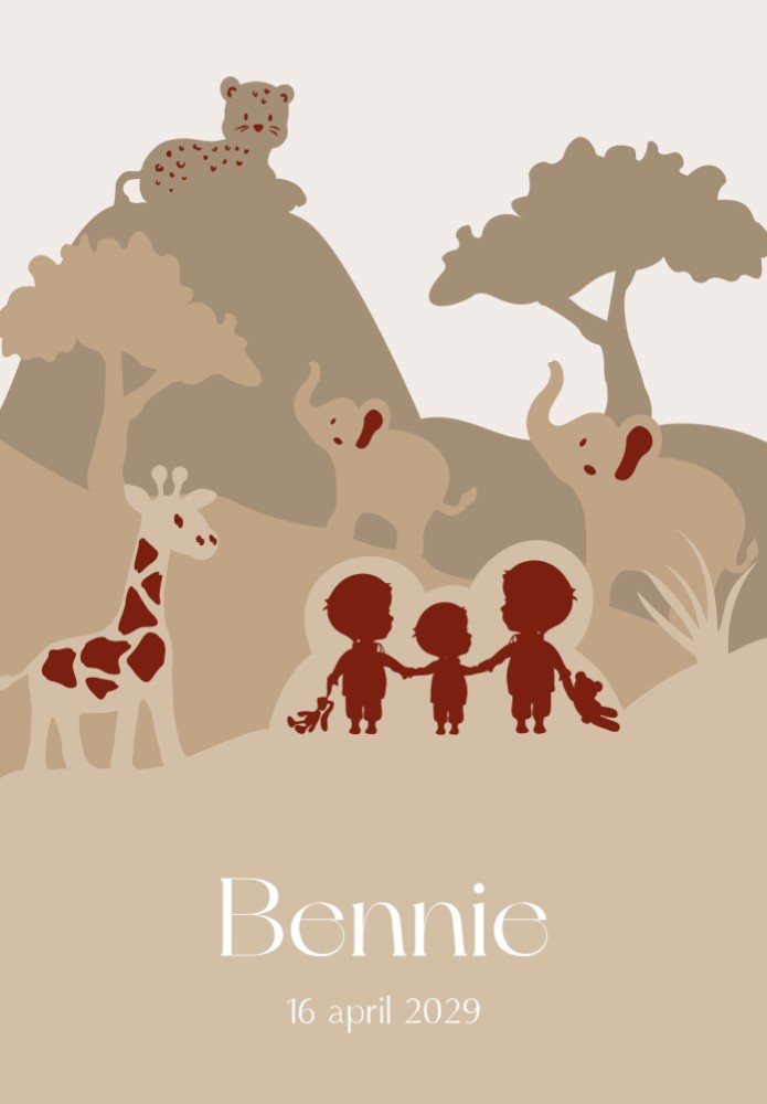 Stoere jungle geboorteposter met drie kindjes en jungle dieren