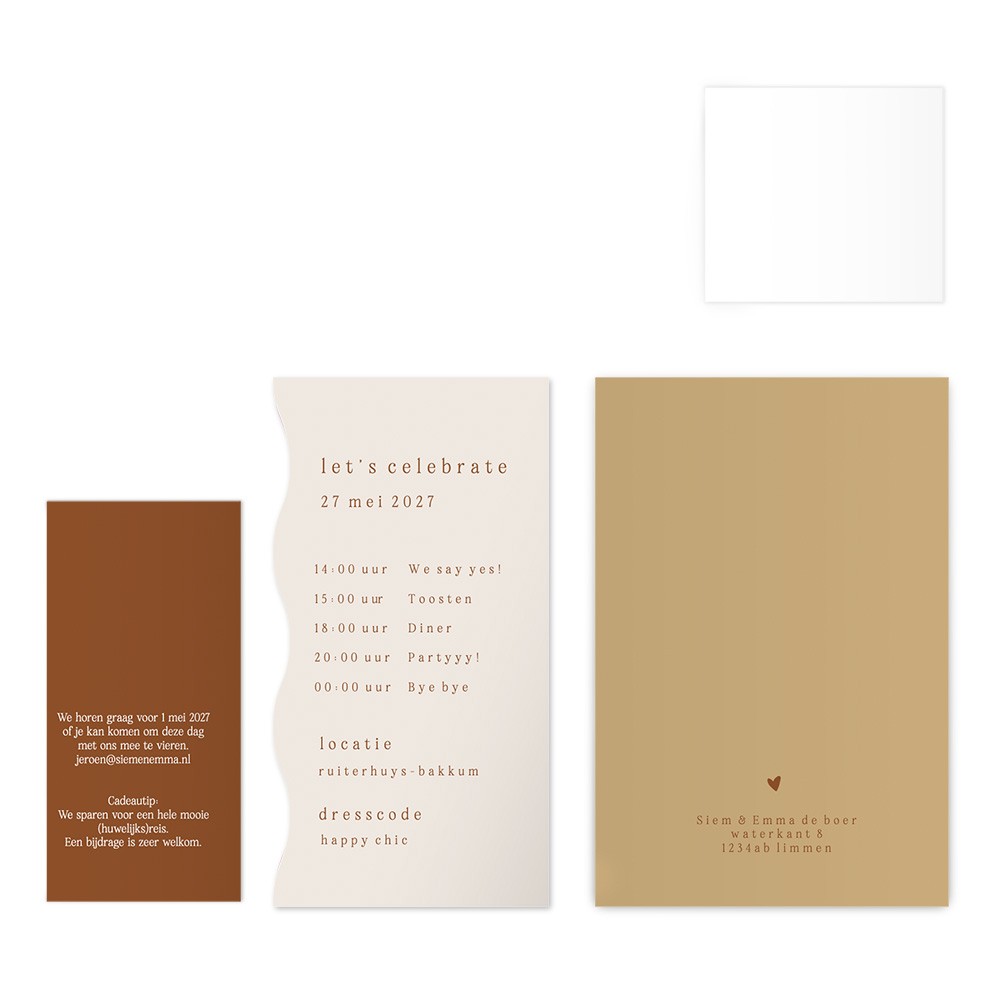 Stijlvolle trouwkaart in aardetinten - stapelkaart van 4 kaarten