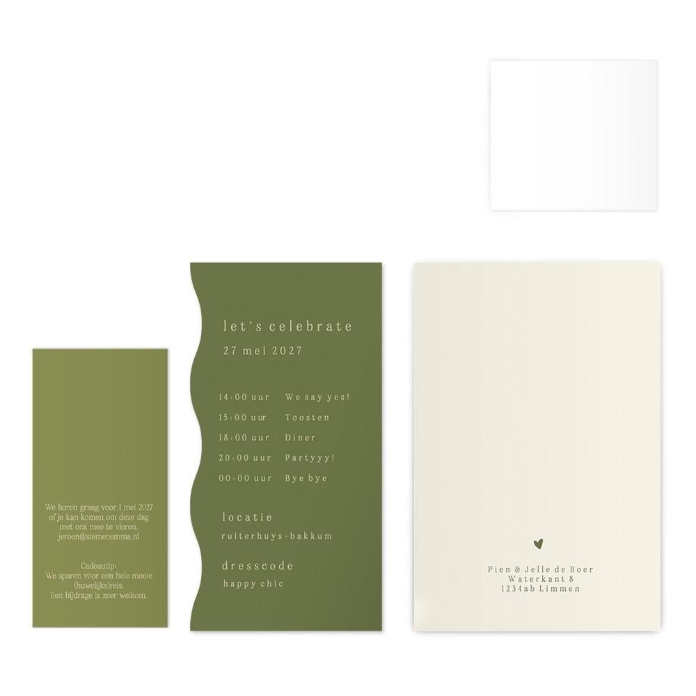 Stijlvolle botanische trouwkaart in groentinten - stapelkaart van 4 kaarten