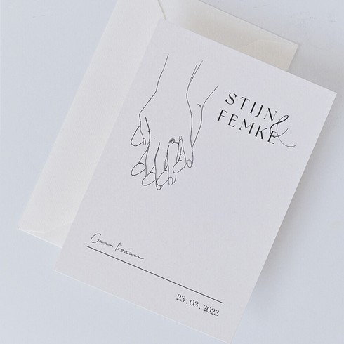 Trouwkaart met illustratie lijntekening van handen