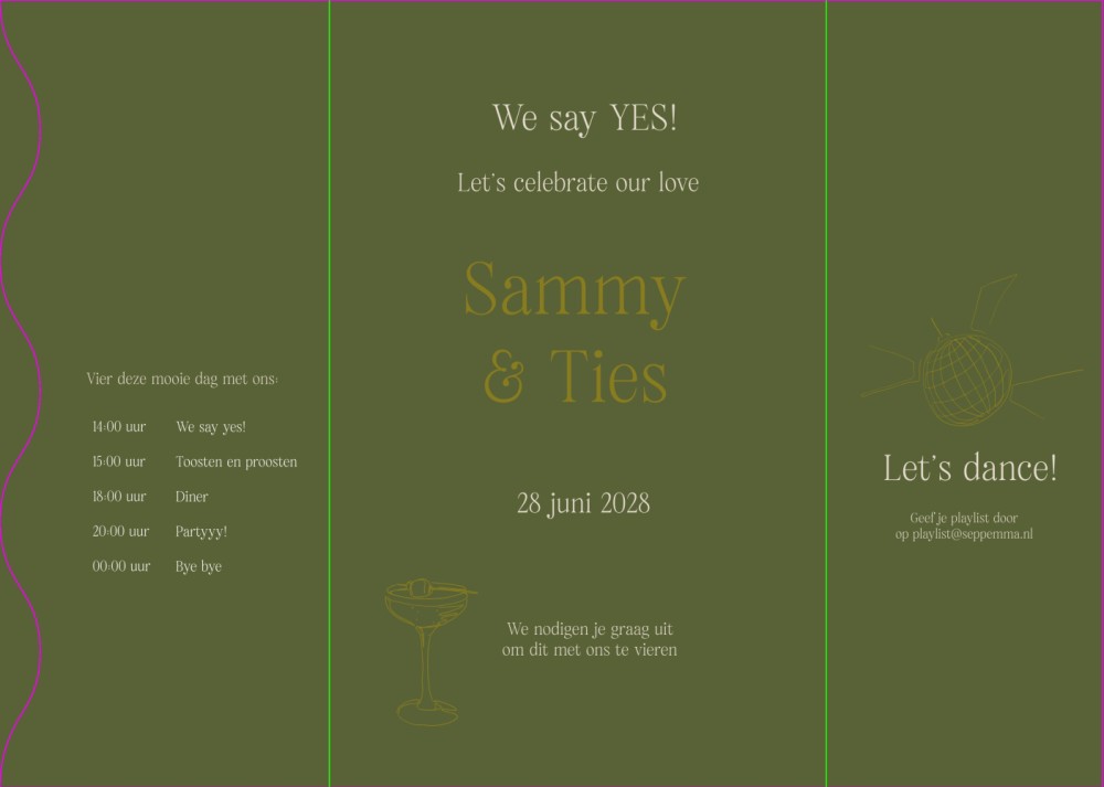 Luxe trouwkaart in een bijzondere vorm met strepen, goudfolie en modern groen