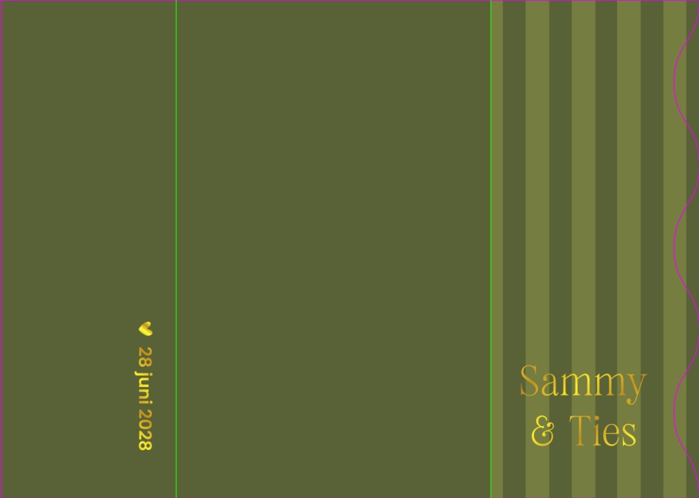 Luxe trouwkaart in een bijzondere vorm met strepen, goudfolie en modern groen