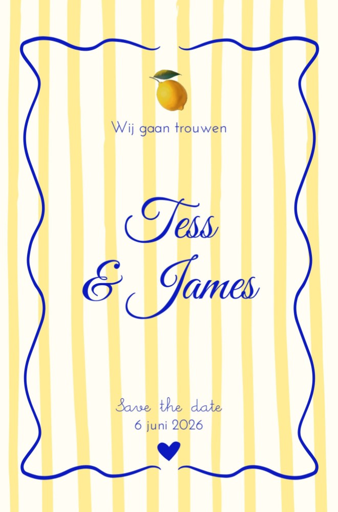 Trouwkaart vrolijke kleuren geel citroen hartje