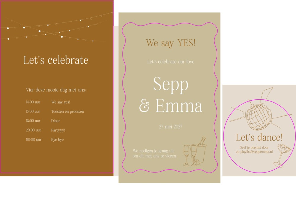 Chique trouwuitnodiging in originele stapel vorm met beige tinten