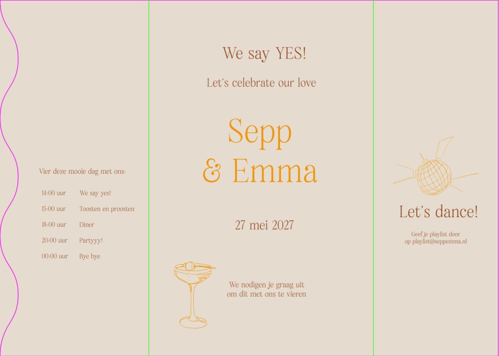 Unieke trouwkaart met hippe en frisse kleuren in een originele vorm