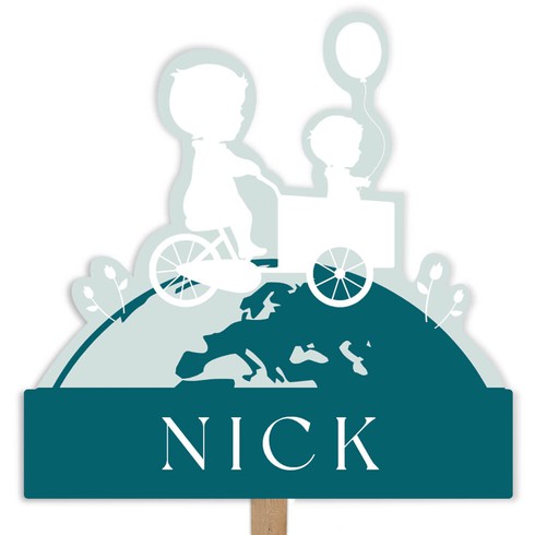 Tuinbord met broertjes in bakfiets op wereldbol - Nick
