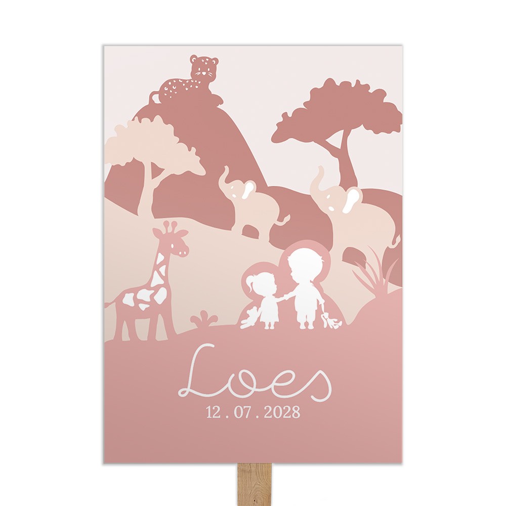 Tuinbord met grote broer of zus en speelse jungle dieren 50x70 cm