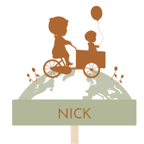 Tuinbord broers op de wereldbol met bakfiets - Nick voor