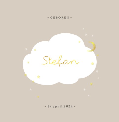 Vierkant geboortekaartje met wolk, maan en sterren - Stefan