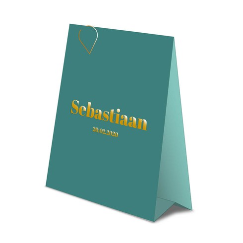Typografisch tentkaartje in trendy blauwe kleur met goudfolie - Sebastiaan