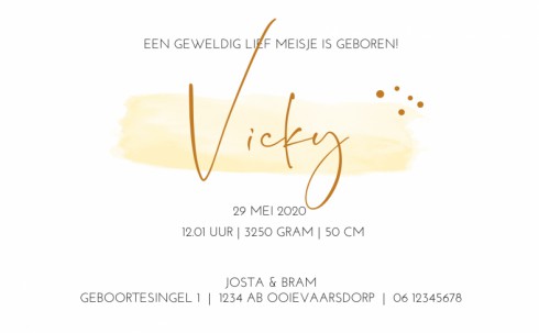 Vrolijk aquarel geboortekaartje met geel - Vicky
