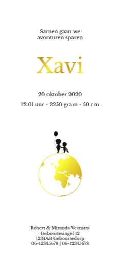 Stoer geboortekaartje met wereldbol en silhouetje van broertjes - Xavi