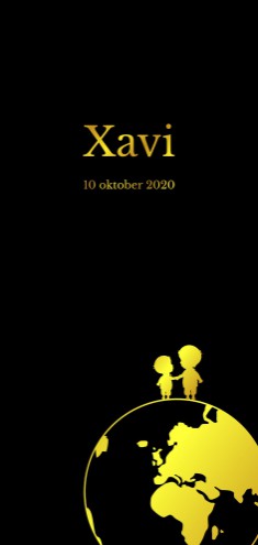 Stoer geboortekaartje met wereldbol en silhouetje van broertjes - Xavi