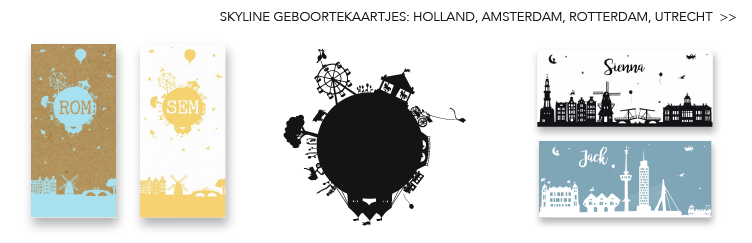 Skyline geboortekaartje: Amsterdam, Utrecht, Rotterdam, Haarlem et cetera
